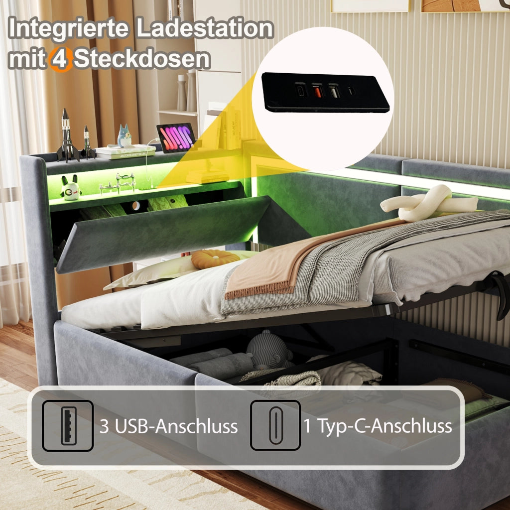 Divano letto imbottito con contenitore, testiera con ripiani, LED e USB, rete a doghe, in velluto grigio 90 × 200 cm
