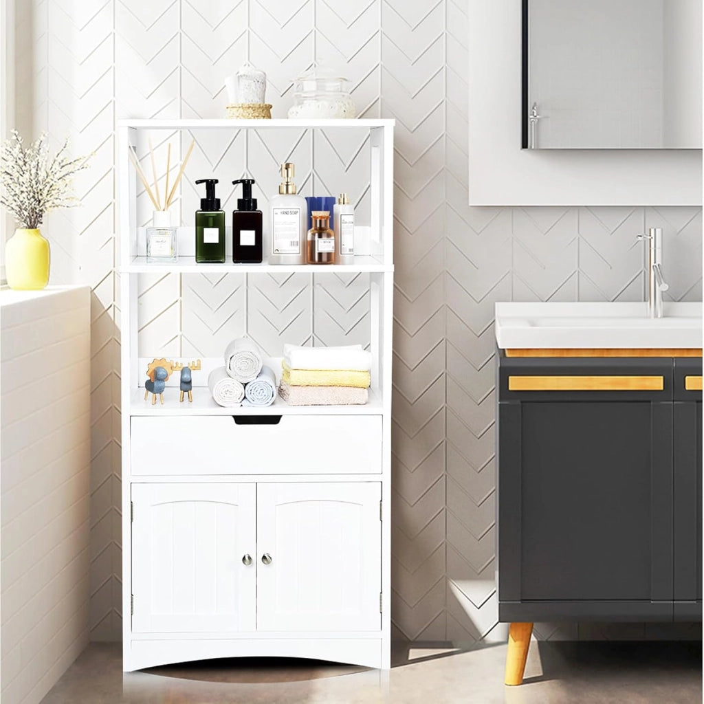 Armadietto del bagno con cassetto e mensola, armadio con 2 mensole aperte e 2 ante, armadietto per cucina, ingresso, salone e camera da letto, armadietto in legno (Bianco)
