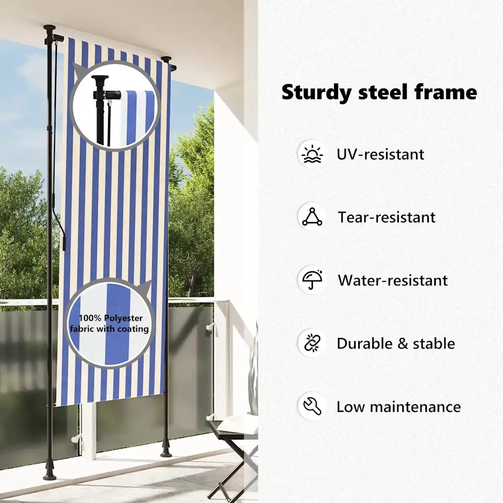 Tenda a Rullo Esterno Blu e Bianca 120x270cm Tessuto e Acciaio