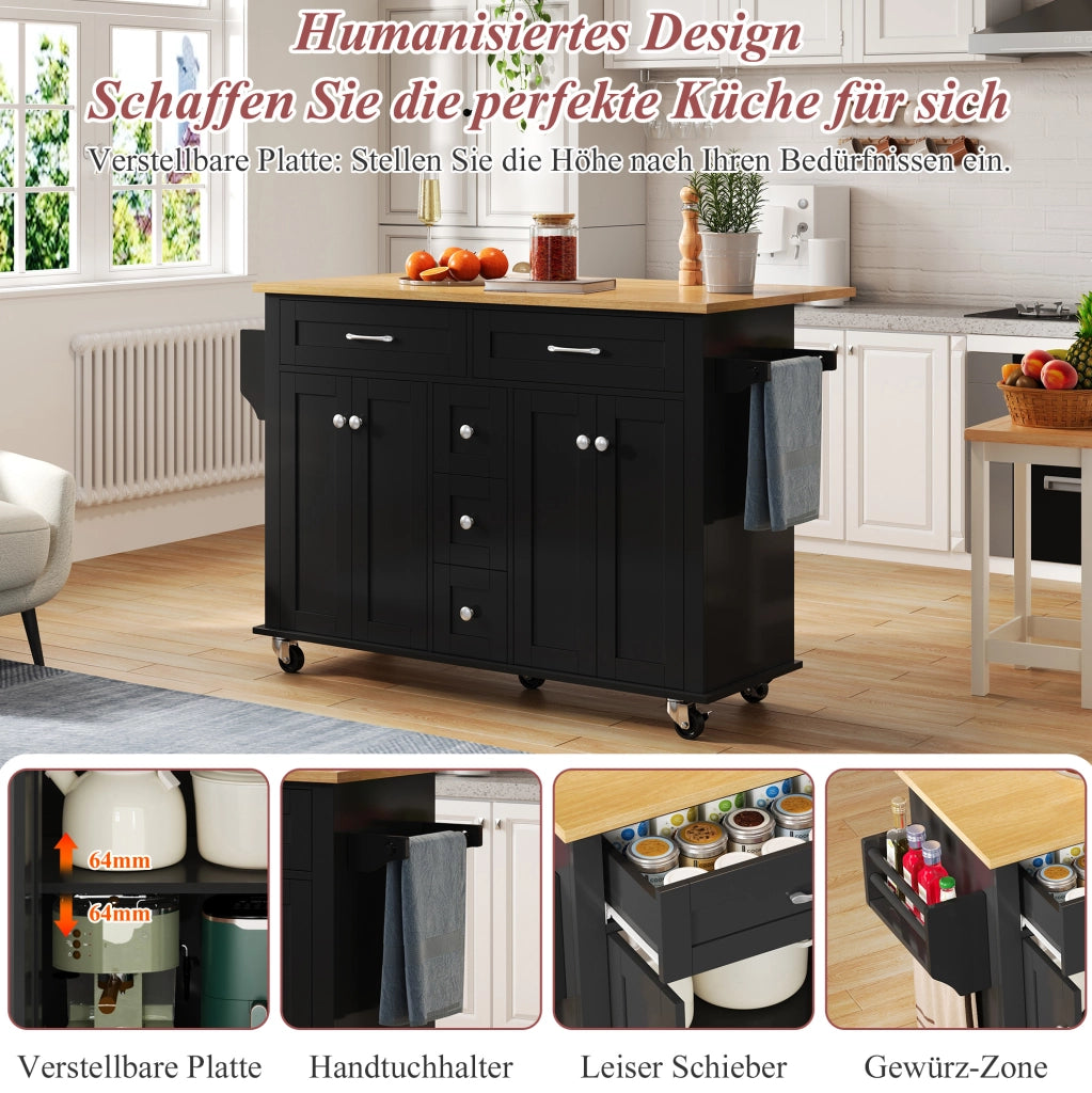 Carrello cucina mobile nero/naturale con piano pieghevole e cassetti