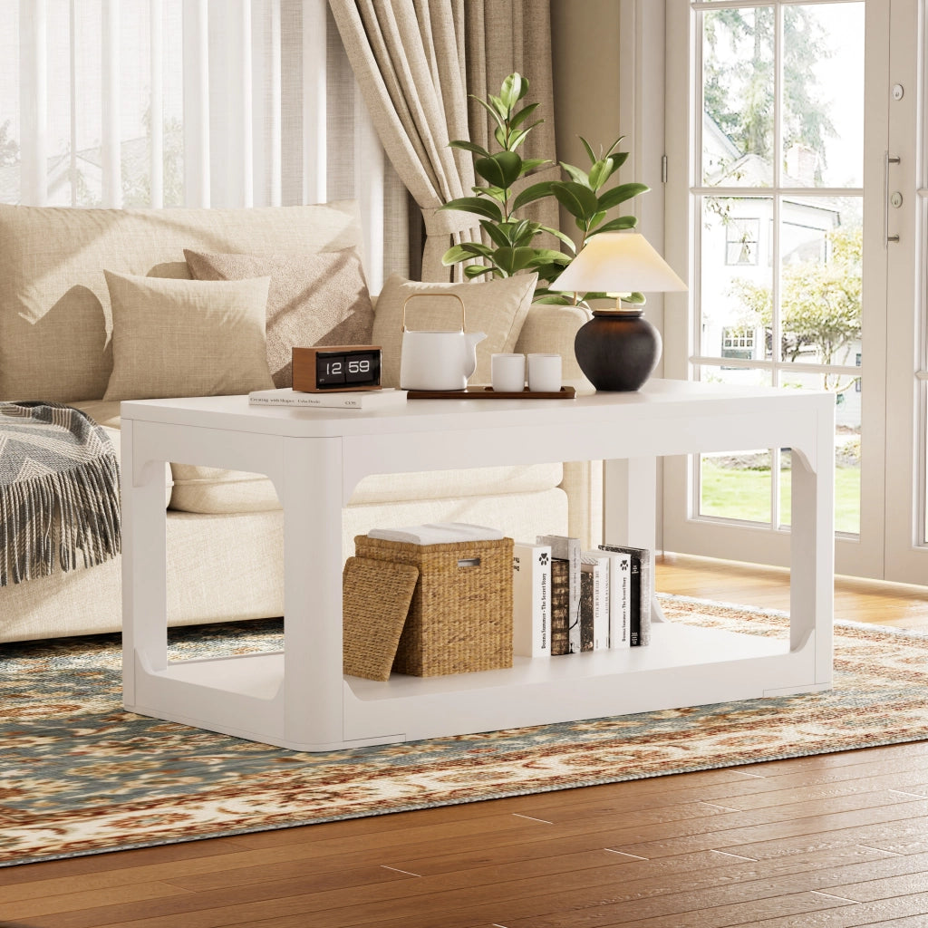 Tavolino da caffè con 2 ripiani - per soggiorno - in MDF - 100×50×44.5 cm - bianco
