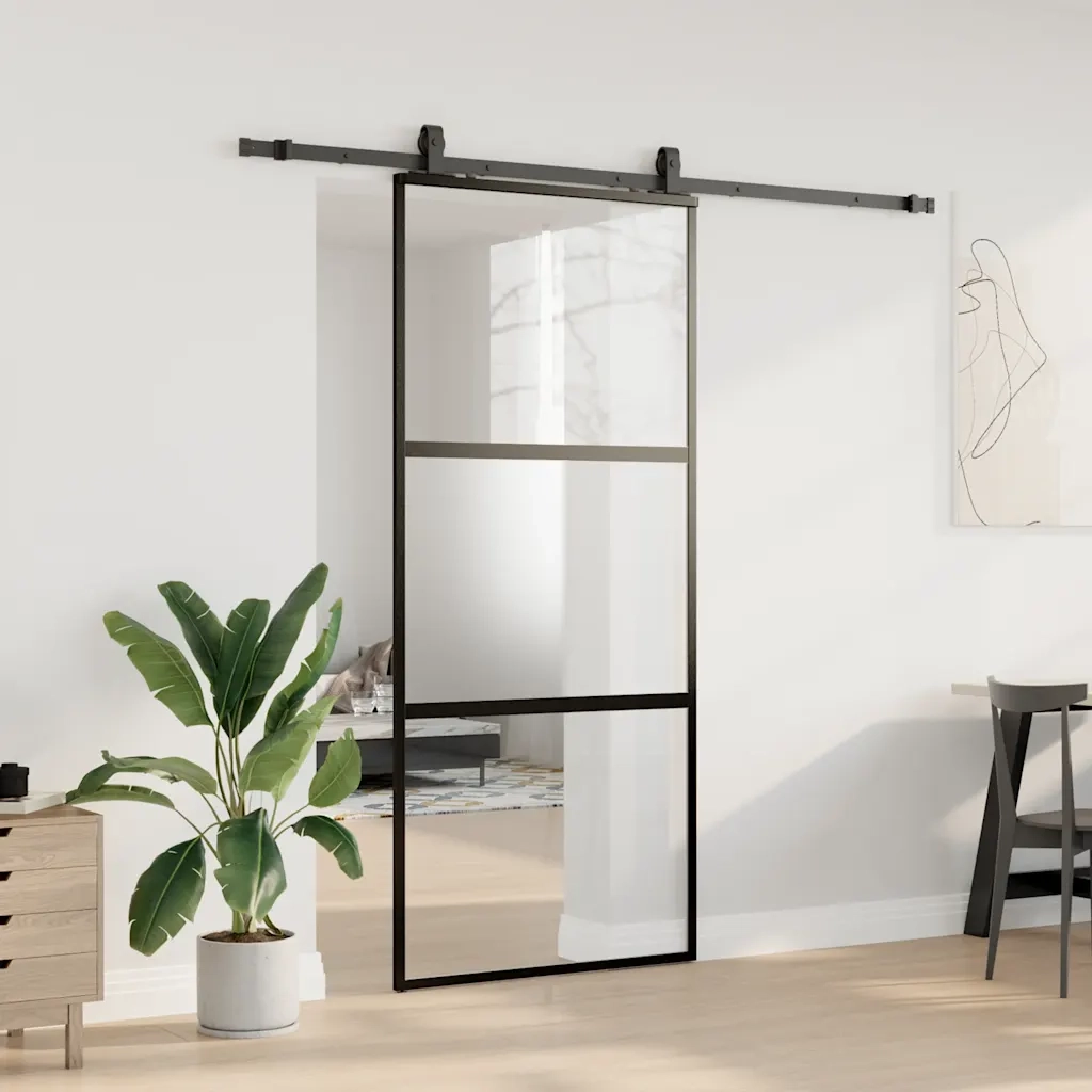 Porta Scorrevole Set Ferramenta Nera 90x205 cm Vetro Temperato 3375958