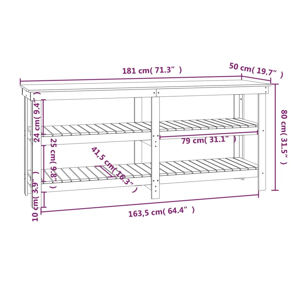 Banco da Lavoro Bianco 181x50x80 cm in Legno Massello di Pino 823655