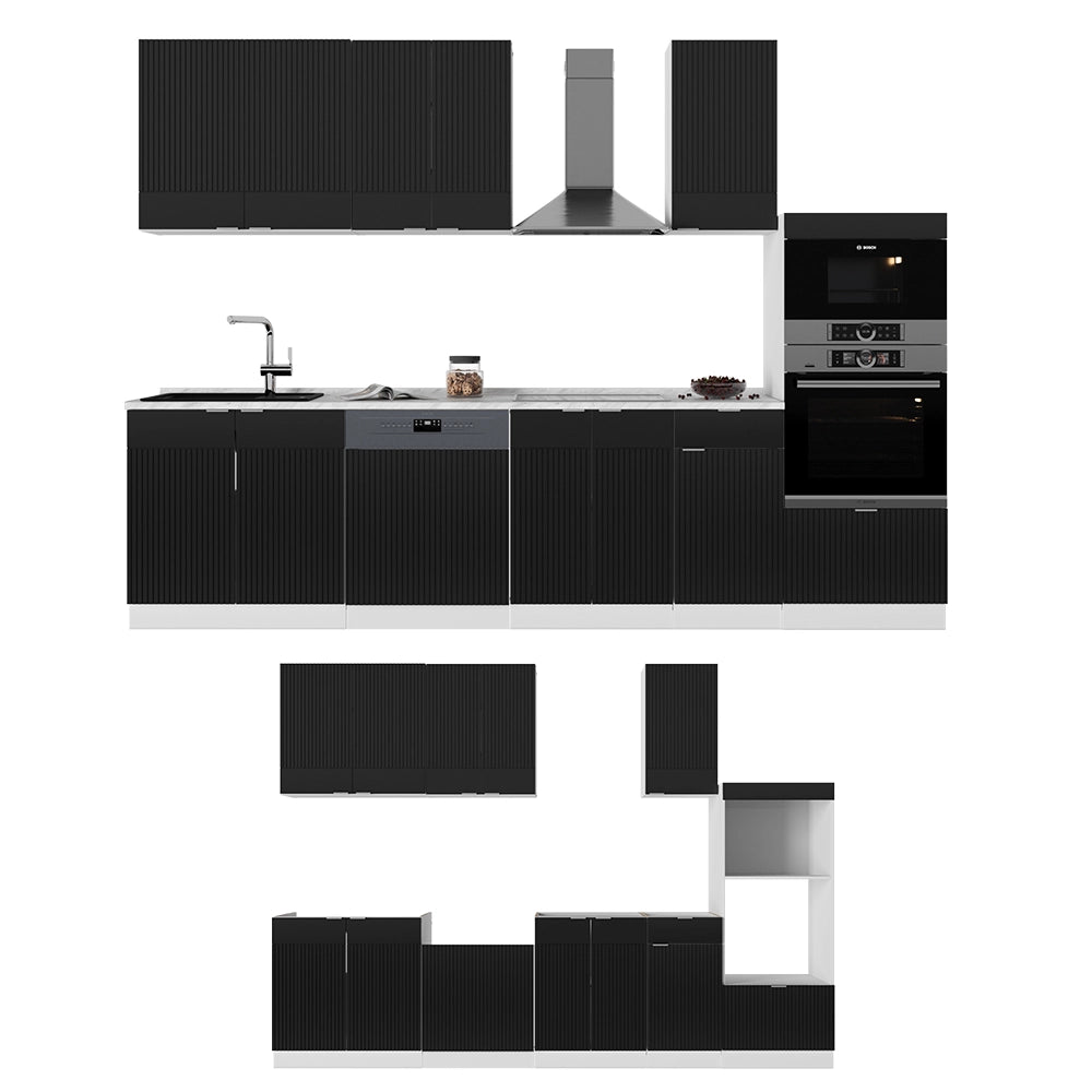 Cucina componibile Fame-Line Nero rigato/Bianco 300 cm con armadio alto, PL Marmo Vicco