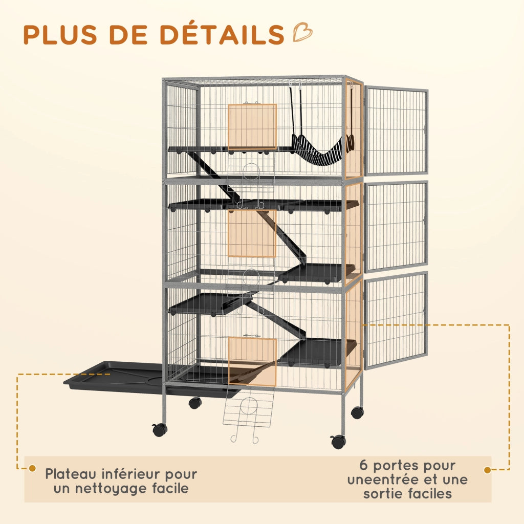 Gabbia per roditori multifunzione 4 piattaforme 3 rampe 4 porte ¨C Minimal ¨C 80x52x159 cm grigio argento nero