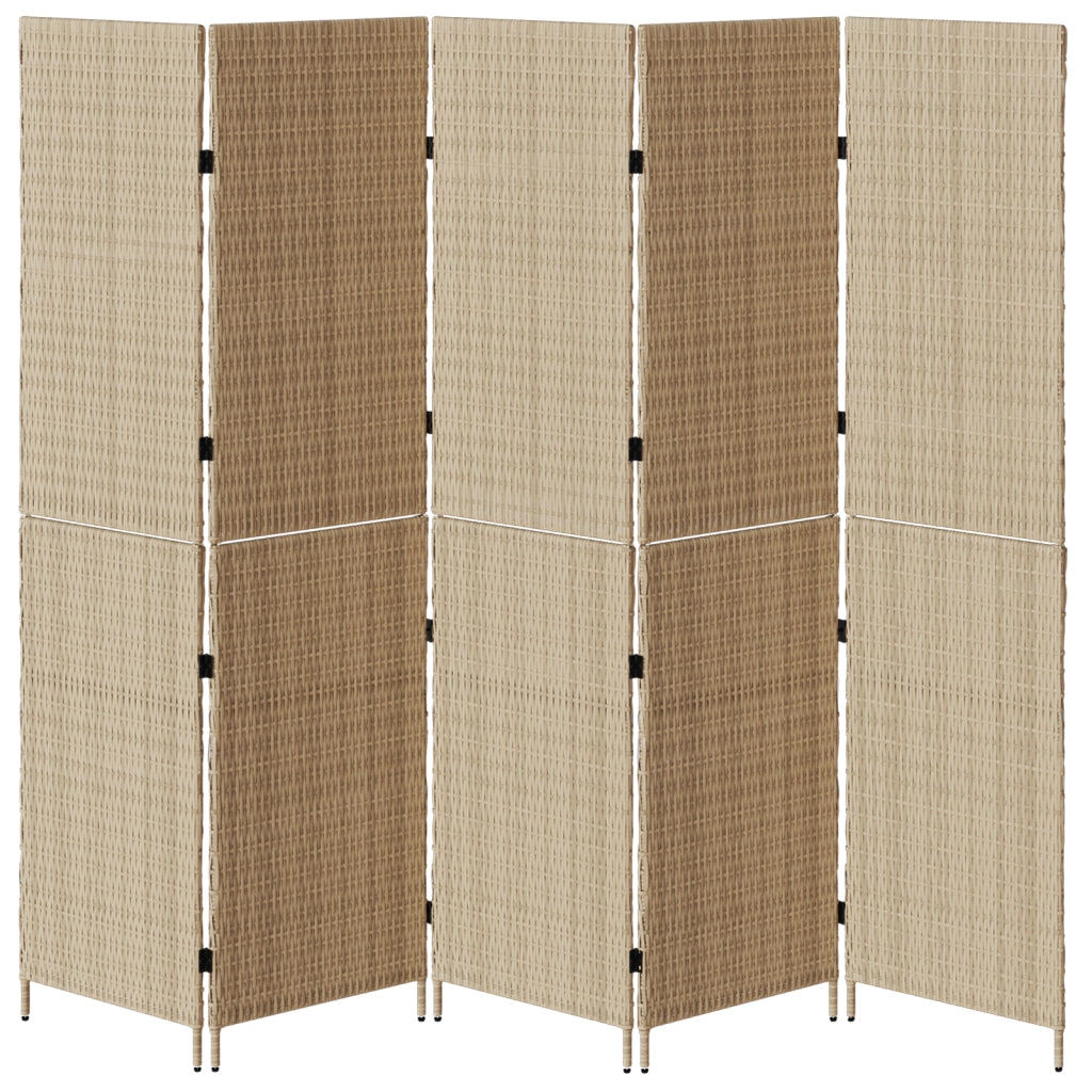 Paravento 5 Pannelli Pieghevole Beige 245x180 cm Poly Rattan
