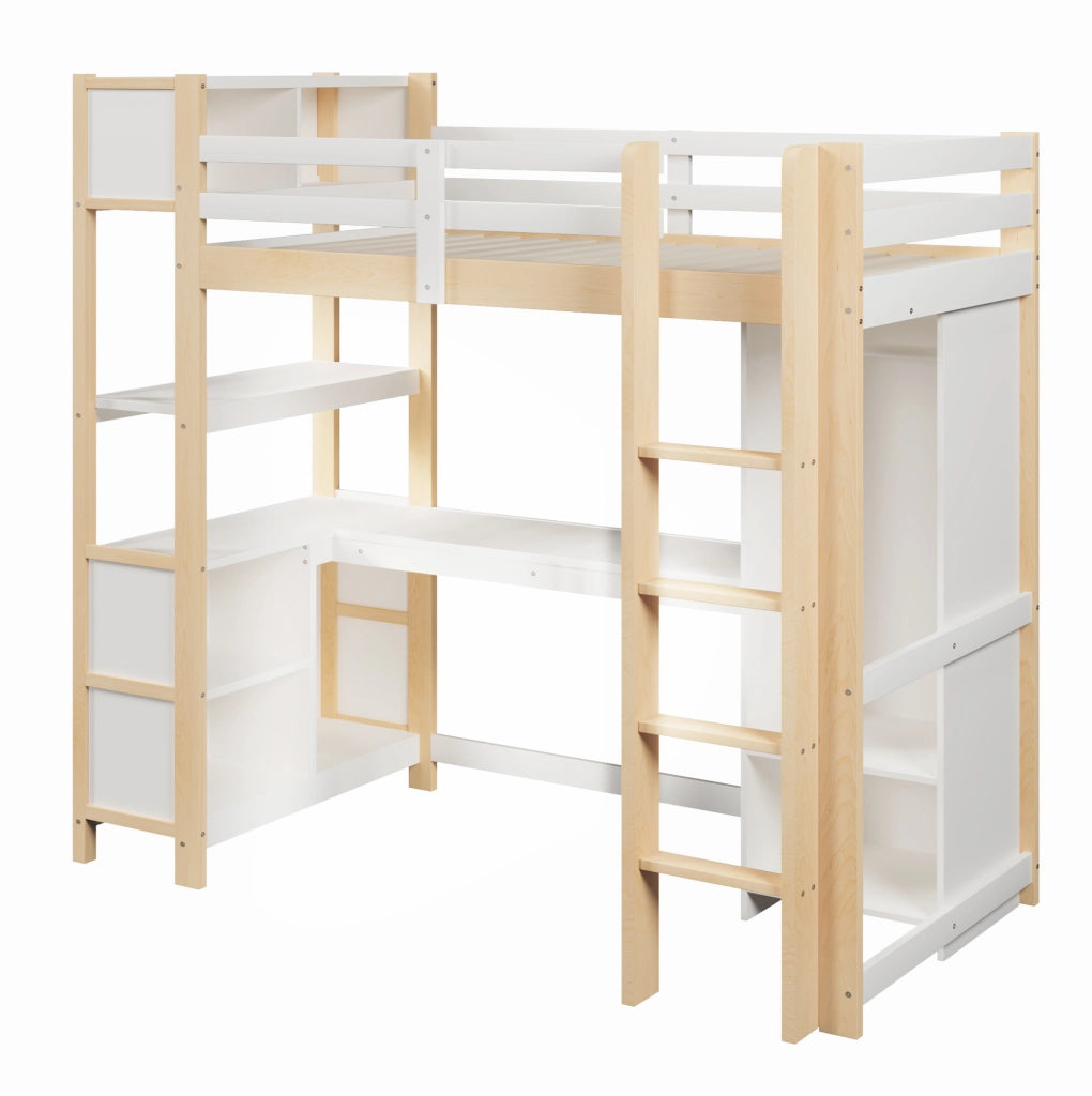 Letto a soppalco 90x200 cm con scrivania, armadio e ripiani in pino, MDF e compensato