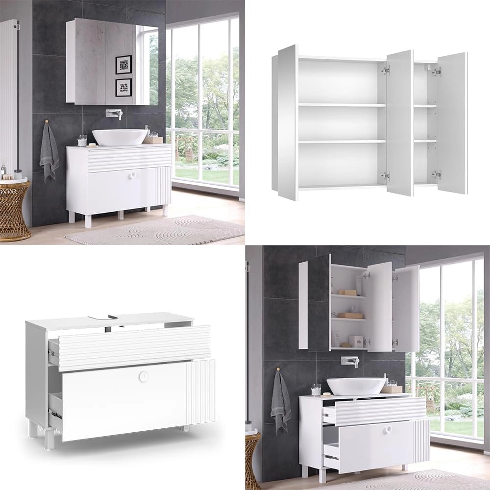 Set di mobili da bagno Sola, Bianco, 100 cm, composto da specchio da bagno e mobile sottolavabo