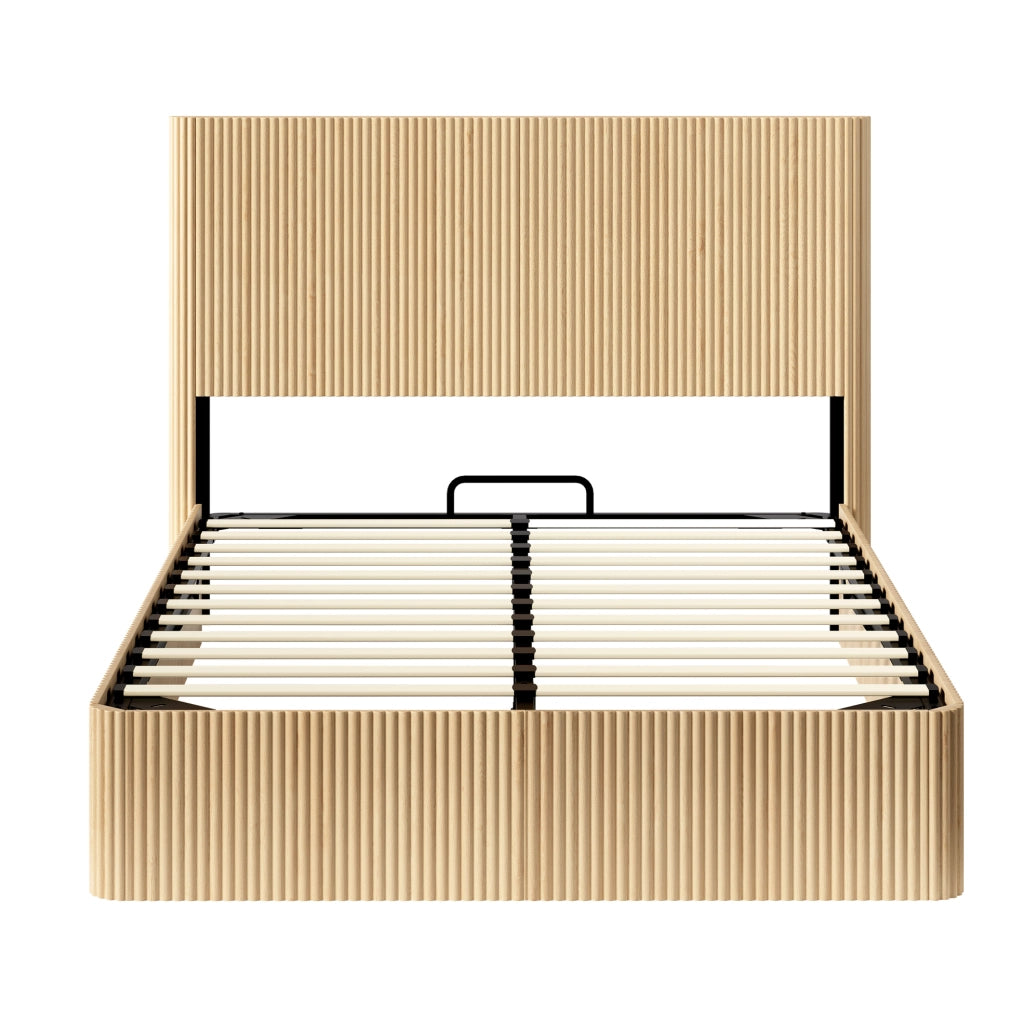 Letto 140x200 cm con contenitore e sistema idraulico in MDF e metallo; colore rovere chiaro
