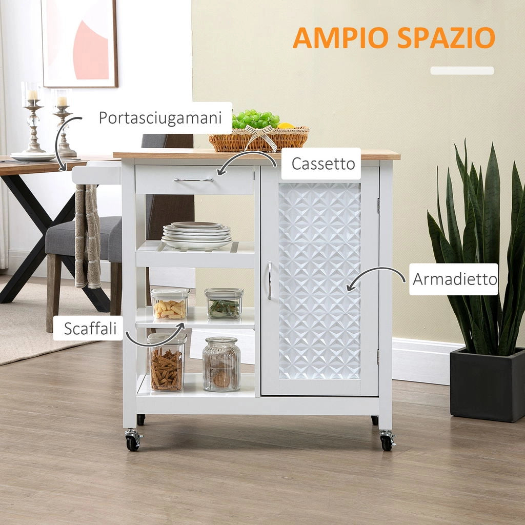 CARRELLO DA CUCINA CON CASSETTO ANTA E RIPIANO A 3 LIVELLI 92X40X84CM BIANCO