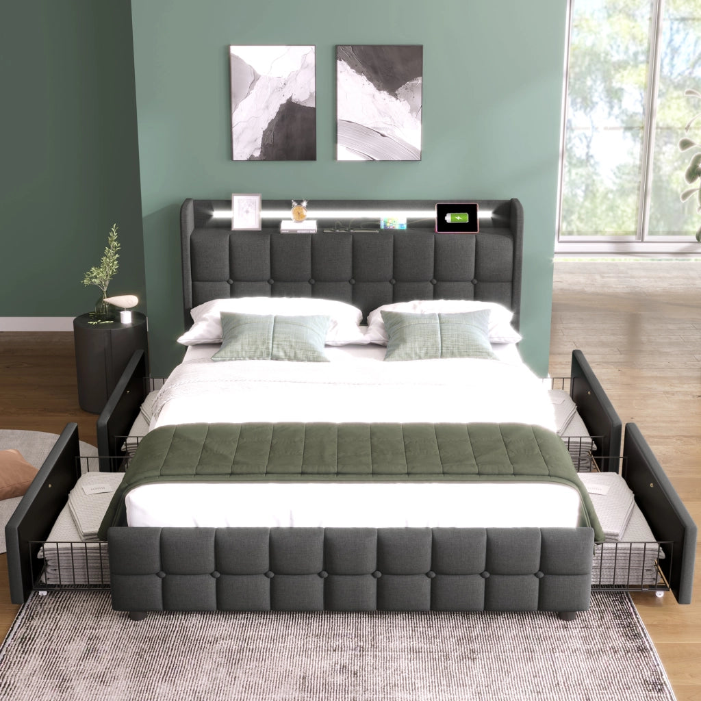 LETTO Contenitore 160x200 cm Grigio con materasso incluso, LED e 4 cassetti