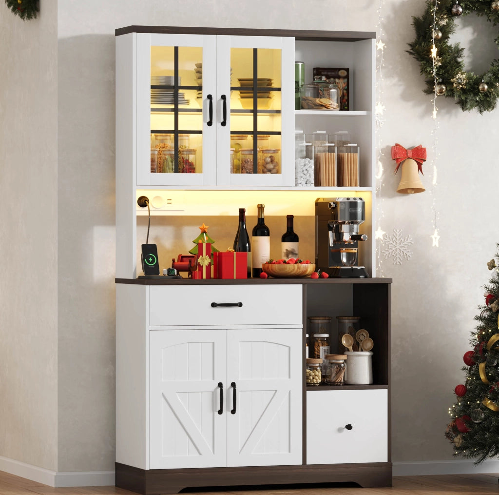 Credenza 105x40x185 cm con LED a colori; prese e ante in vetro; MDF; naturale e bianco