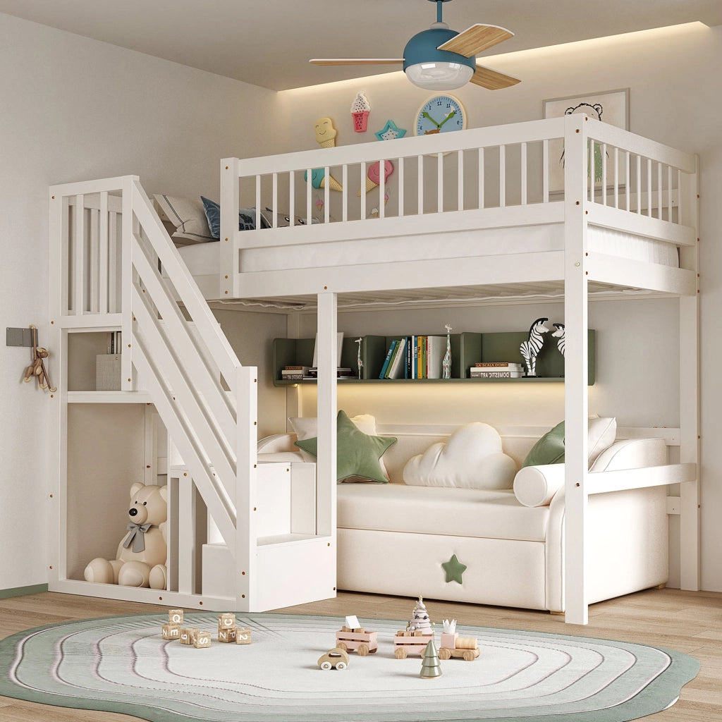 Letto singolo in legno bianco con scala contenitiva 90x200 cm