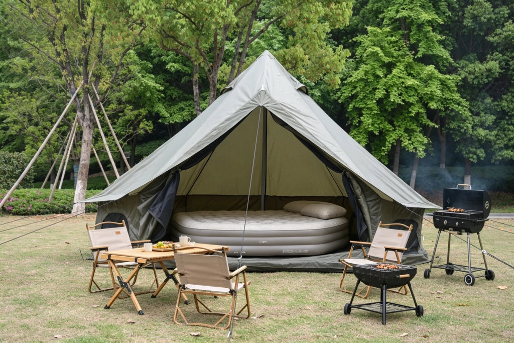 Tenda A Campana Per Campeggio 300 X 300 X 200 Cm In Poliestere Verde Scuro Con Apertura Per Stufa