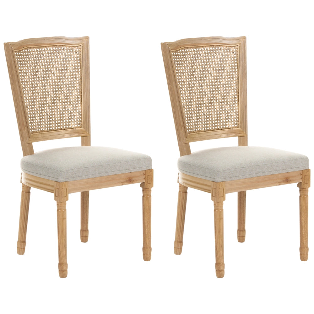 Set di 2 sedie da pranzo con struttura in legno e rivestimento in tessuto marrone chiaro e beige, in stile country francese vintage con intreccio viennese