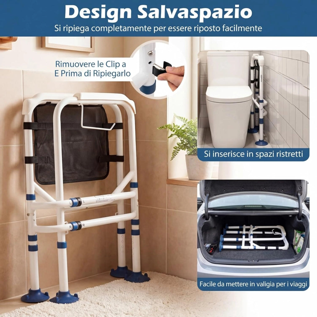 Supporto per WC per Anziani Portata 136 kg, Barra Bagno con Portarotolo e Tasca, Altezza e Lunghezza Regolabili, Corrimano di Sicurezza per WC per Disabili e Donne in Gravidanza