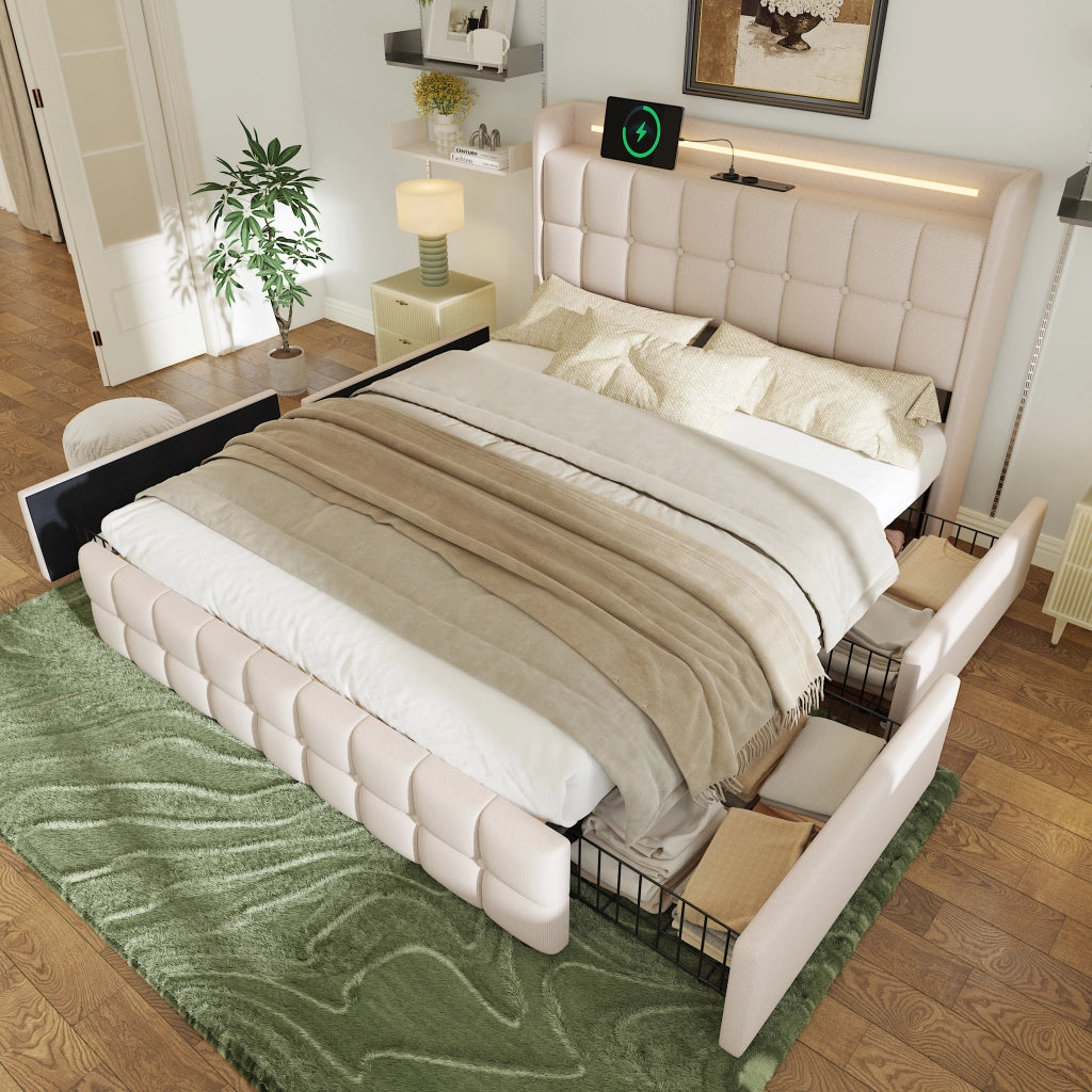 Letto matrimoniale imbottito 180x200 cm con LED; USB; 4 cassetti e testiera beige