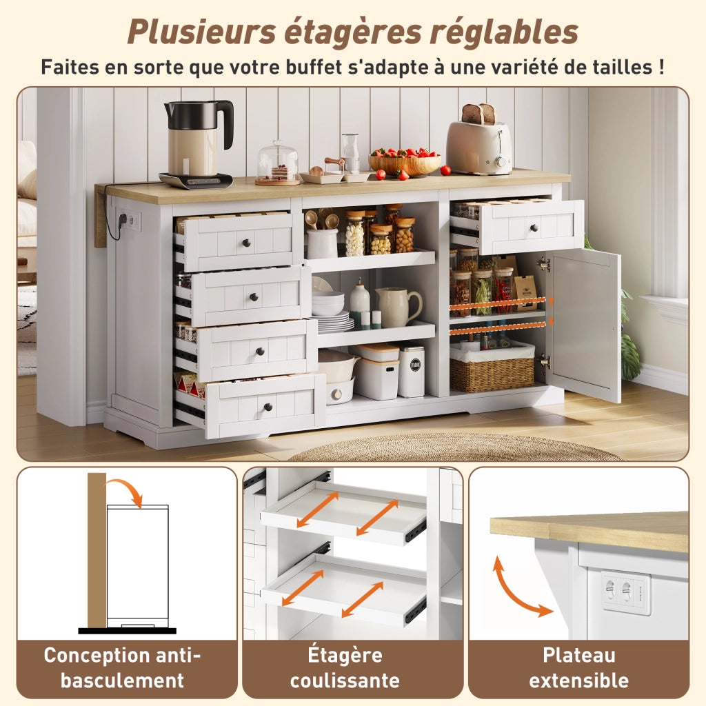 Credenza da Cucina con 5 Cassetti; 2 Ripiani Estraibili; Piano Ribaltabile e Prese; 150x65x75;5 cm