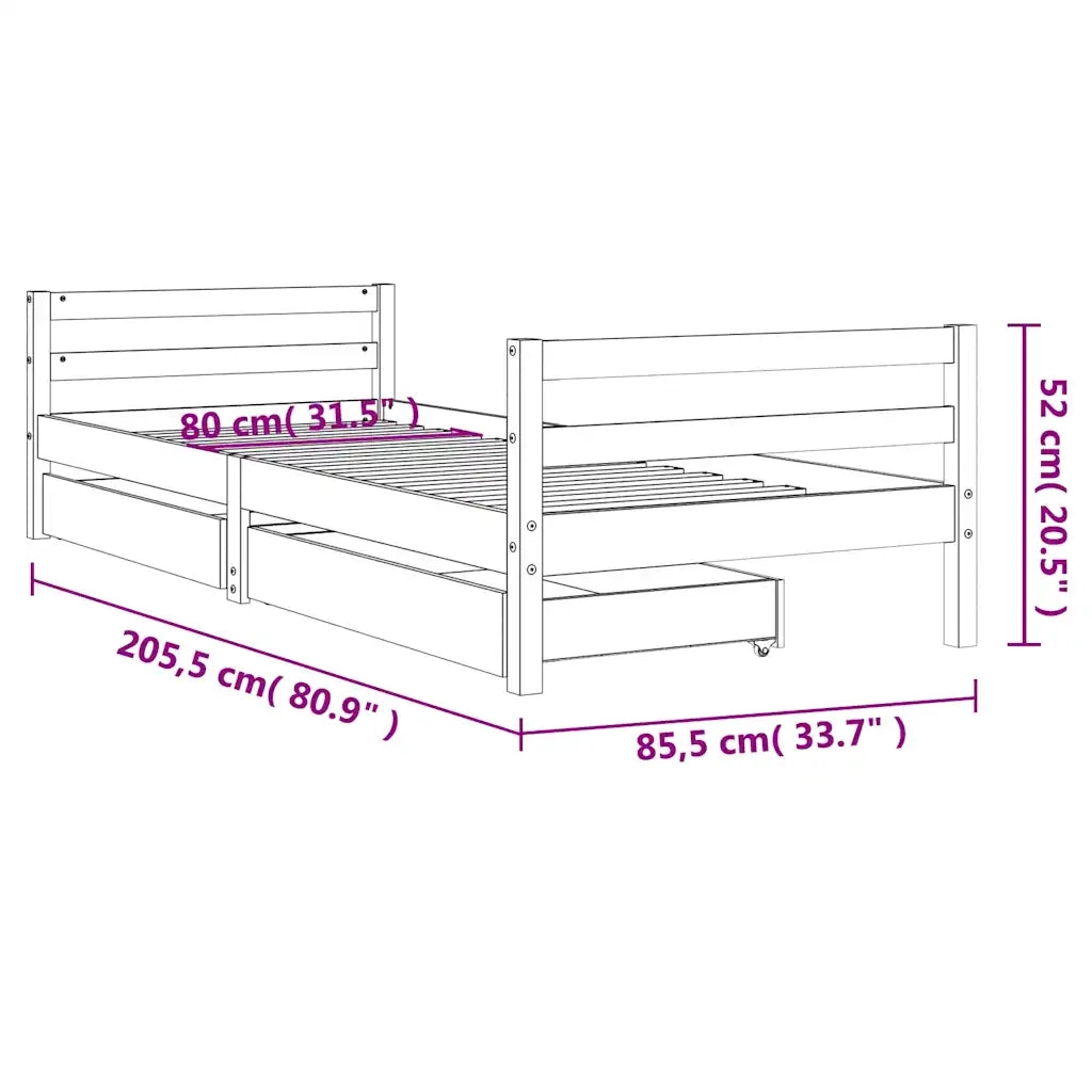 Giroletto Bambini con Cassetti Bianco 80x200cm Massello di Pino 834436