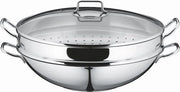 Pacco da wok da 36 cm con coperchio in vetro, rete per tempura e valvola di vapore - Adatto per induzione