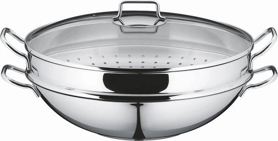 Pacco da wok da 36 cm con coperchio in vetro, rete per tempura e valvola di vapore - Adatto per induzione