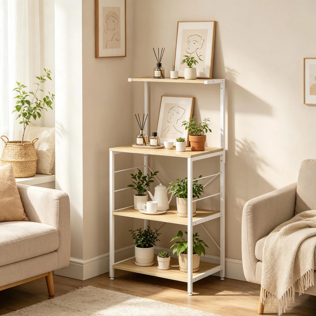 Scaffale da cucina multifunzione con 4 ripiani, struttura in acciaio e legno ingegnerizzato, bianco e rovere chiaro