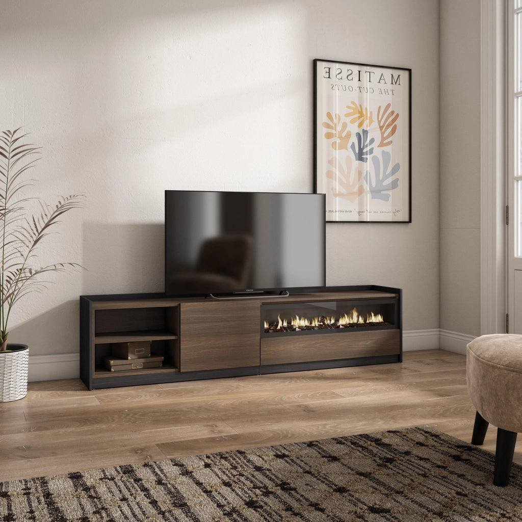 Mobile TV Soggiorno, 207x50x37 cm, Per TV fino a 80", Camino elettrico, Rovere scuro e Nero
