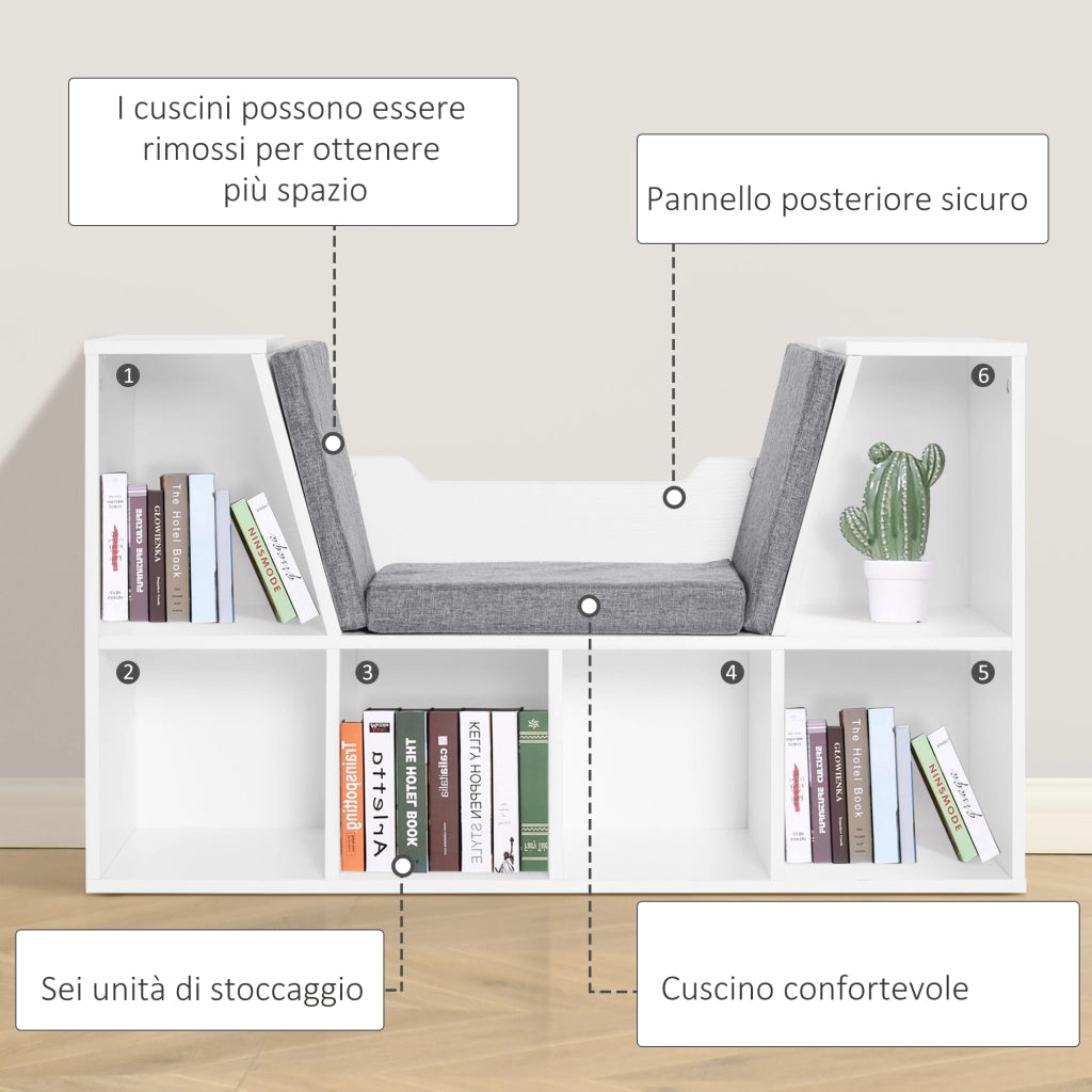 Mobile Libreria 102x30x61 cm a 6 Sezioni Seduta con Cuscini Morbidi in Legno Spugna e Poliestere Bianco