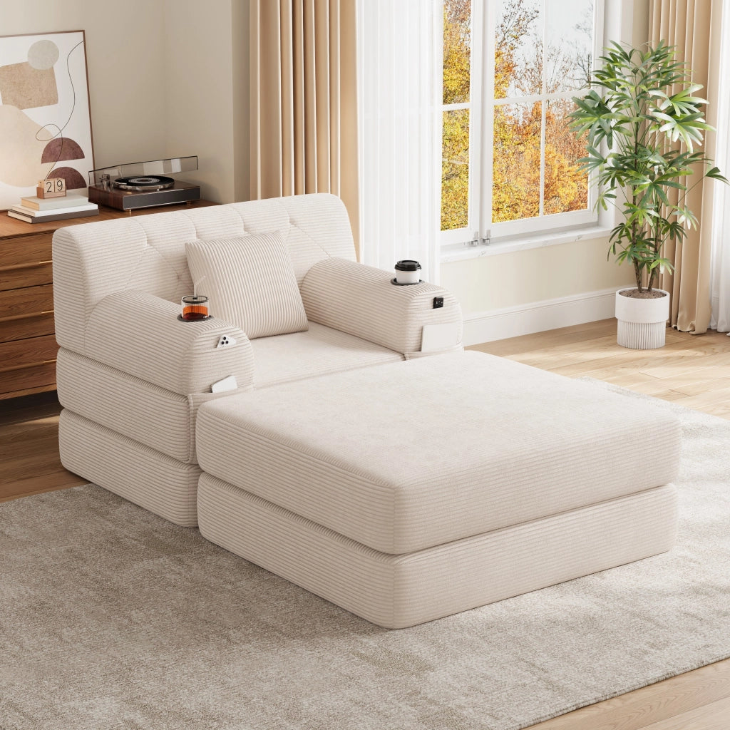 Poltrona letto 1 posto - con funzione letto e tasche laterali - in tessuto a coste beige
