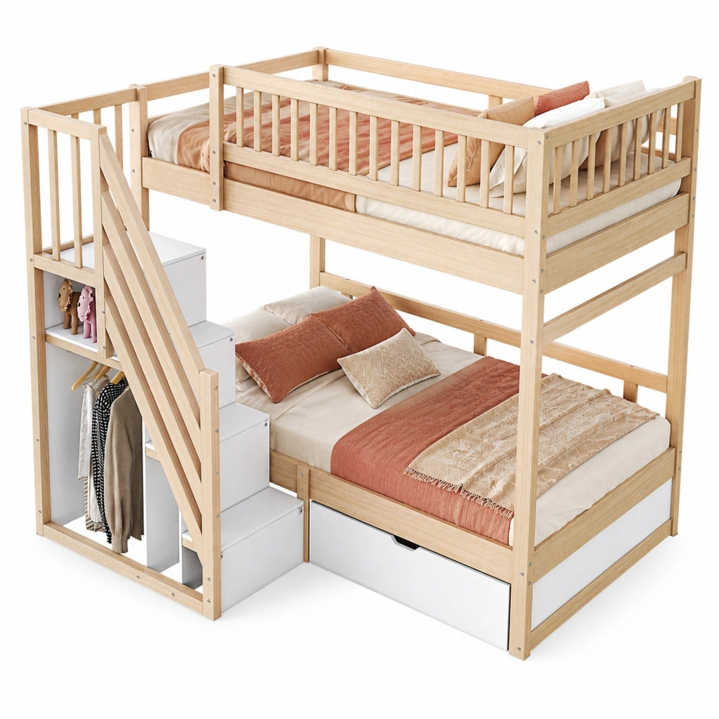 Letto a castello in legno massello 90x200 cm con scala contenitore e cassetti; bianco e legno naturale