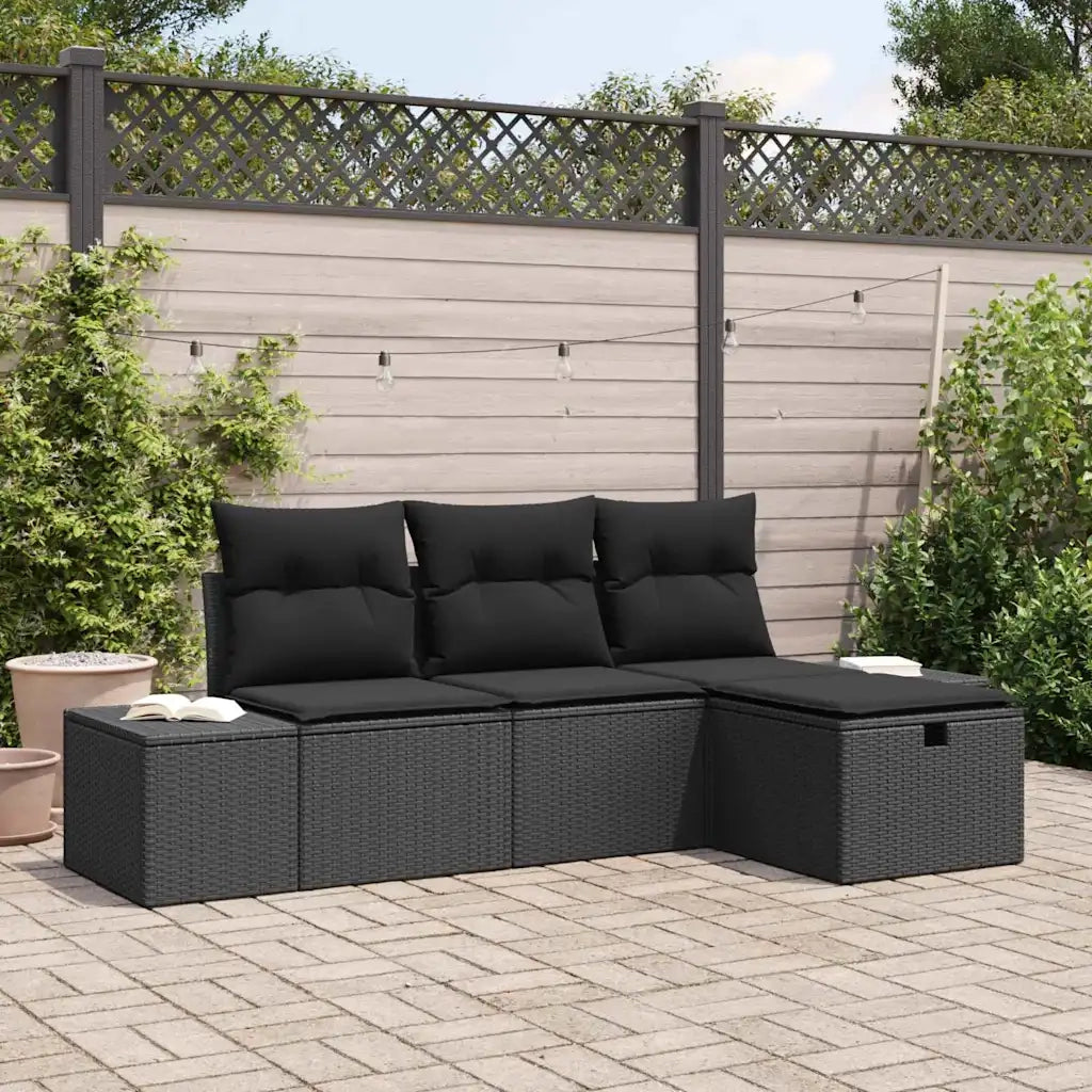Set Divano da Giardino con cuscino 4 pcs Nero Poly Rattan