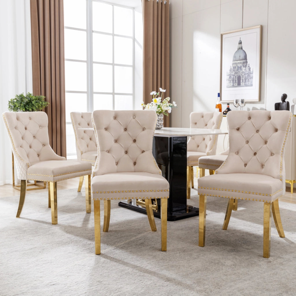 Sedia da Pranzo in Velluto con Schienale e Gambe Dorate ¨C MINIMAL ¨C Beige, Set 6 Pezzi