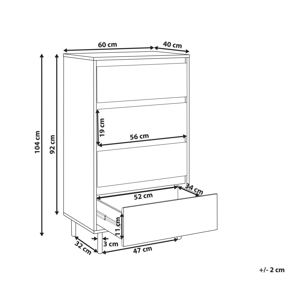 Credenza in legno chiaro metallo gambe nere 60 x 40 x 104 cm con 4 cassetti soggiorno camera da letto corridoio mobile contenitore scandinavo