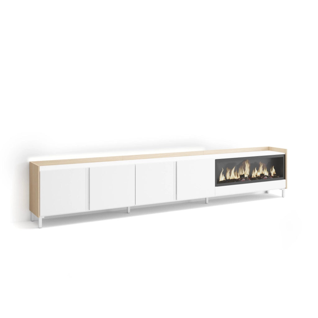 Mobile TV Soggiorno, 315x61x35 cm, Per TV fino a 80", Camino elettrico XXL, Design industriale, LED, Bianco e Rovere soft
