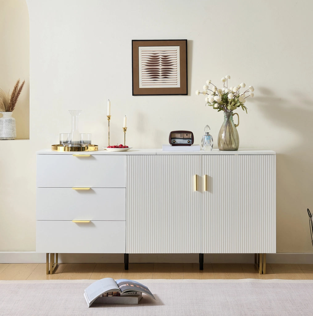 Credenza 160x40x81，5 cm in MDF bianco， 2 ante e 3 cassetti