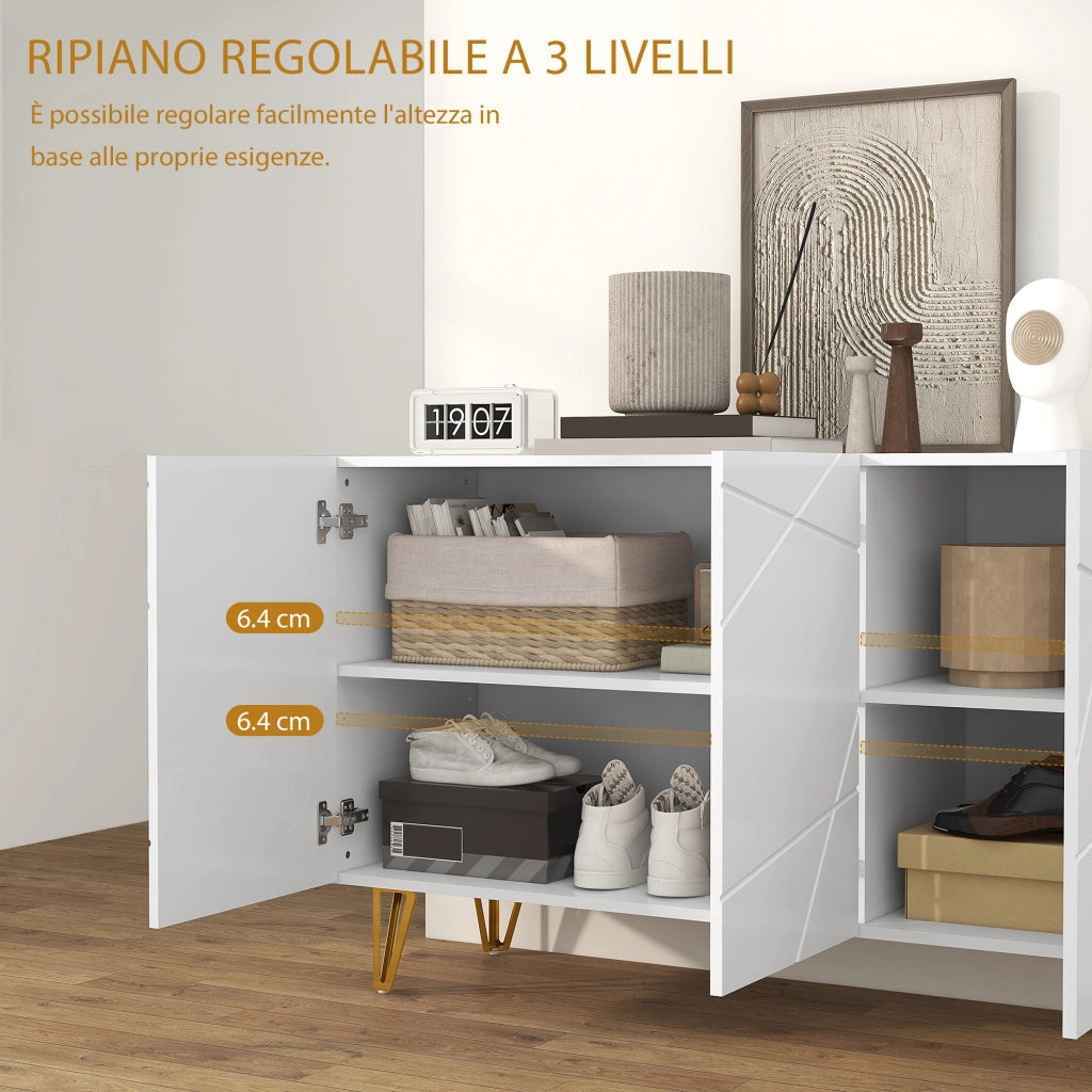 Mobile Contenitore con 2 Armadietti e Ripiano Regolabile. in Truciolato e Metallo. 120x40x75 cm. Bianco e Oro