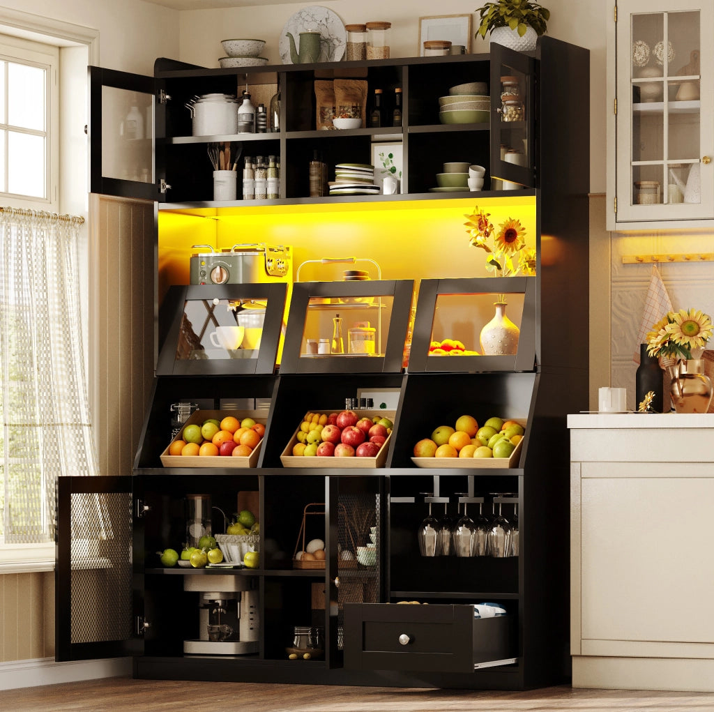 Mobile da cucina multifunzionale 120x40x181,7 cm con LED, USB e ripiani regolabili, nero
