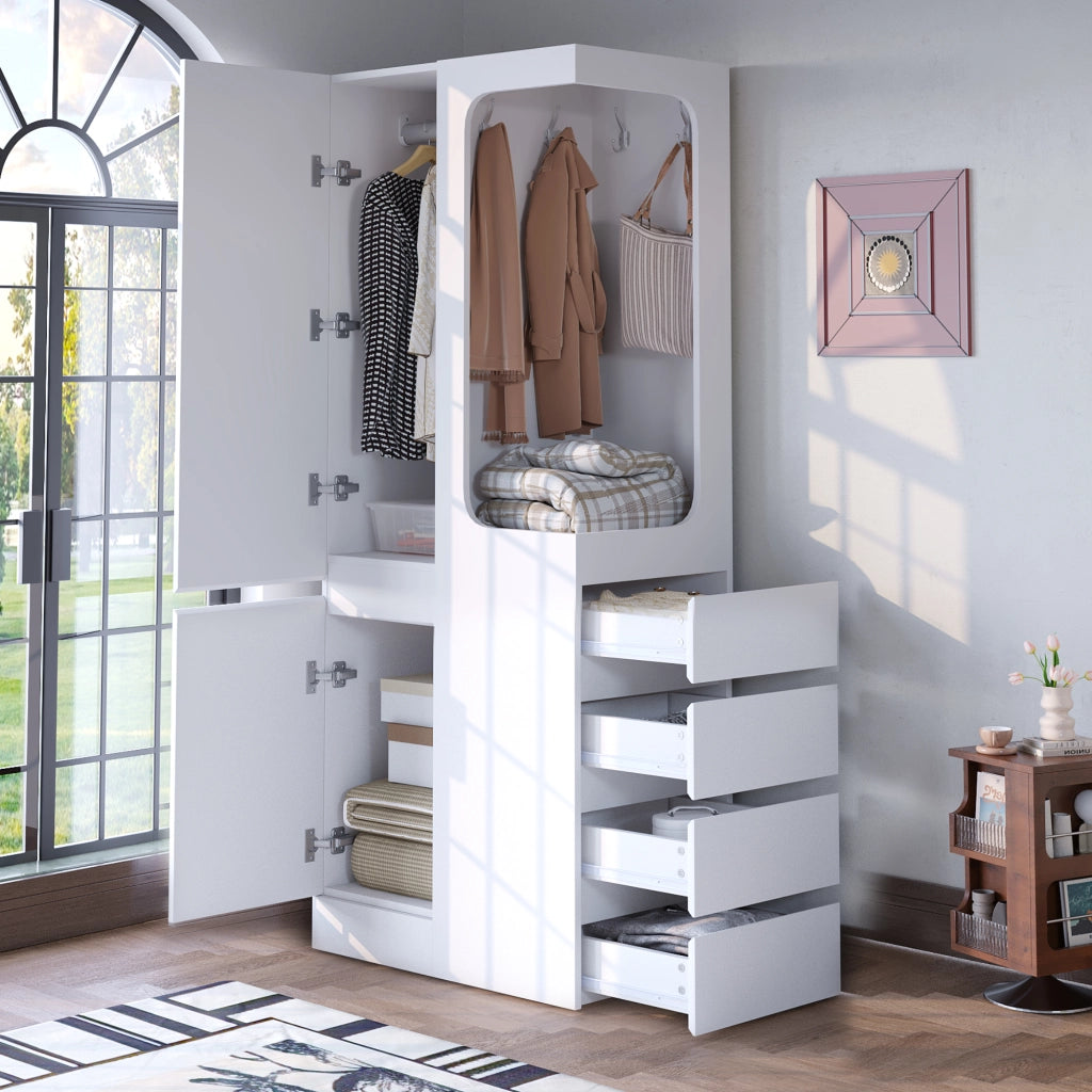 Armadio con 1 anta; 4 cassetti e vano aperto - in legno - 70×40×170 cm - bianco