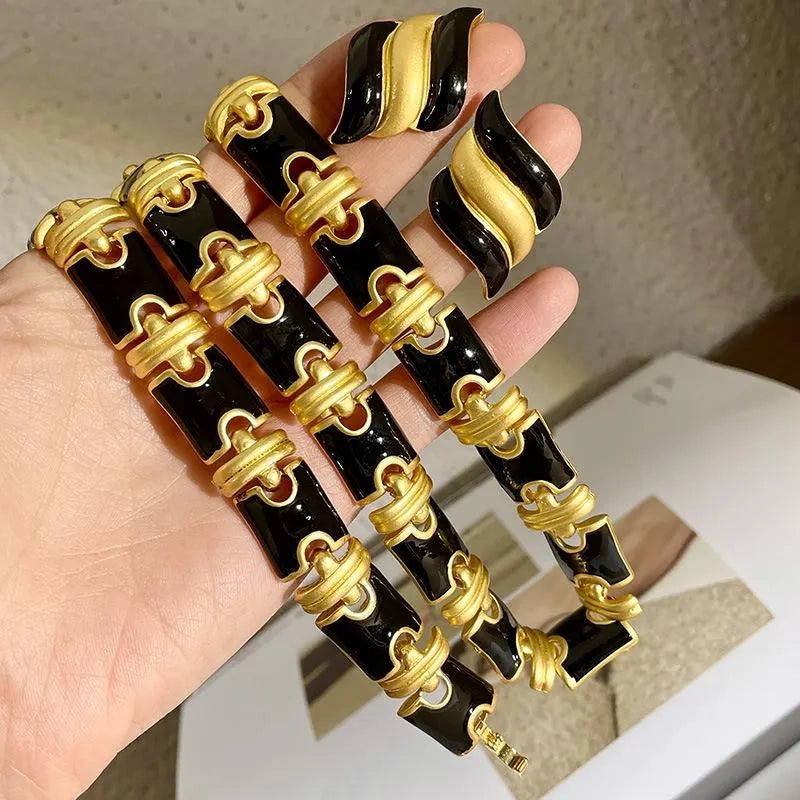 Collana, orecchini e bracciale vintage in smalto nero a goccia, realizzati a mano, regalo di Natale o compleanno.