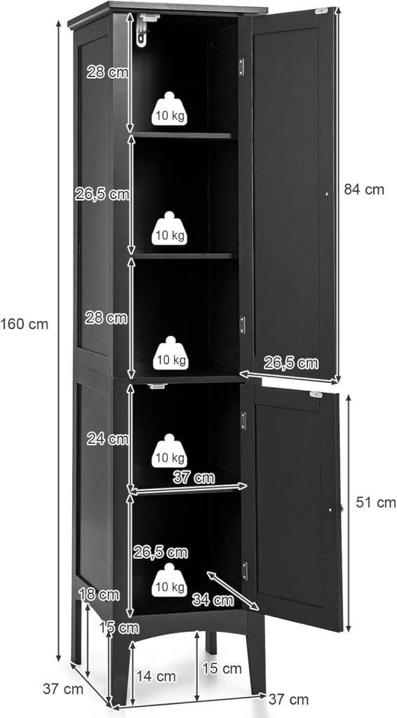 Mobile da Bagno Alto con 2 Ante, Armadio da Terra con 5 Vani, Mobile Colonna per Bagno Cucina Soggiorno, 37 x 37 x 160 cm (Nero)