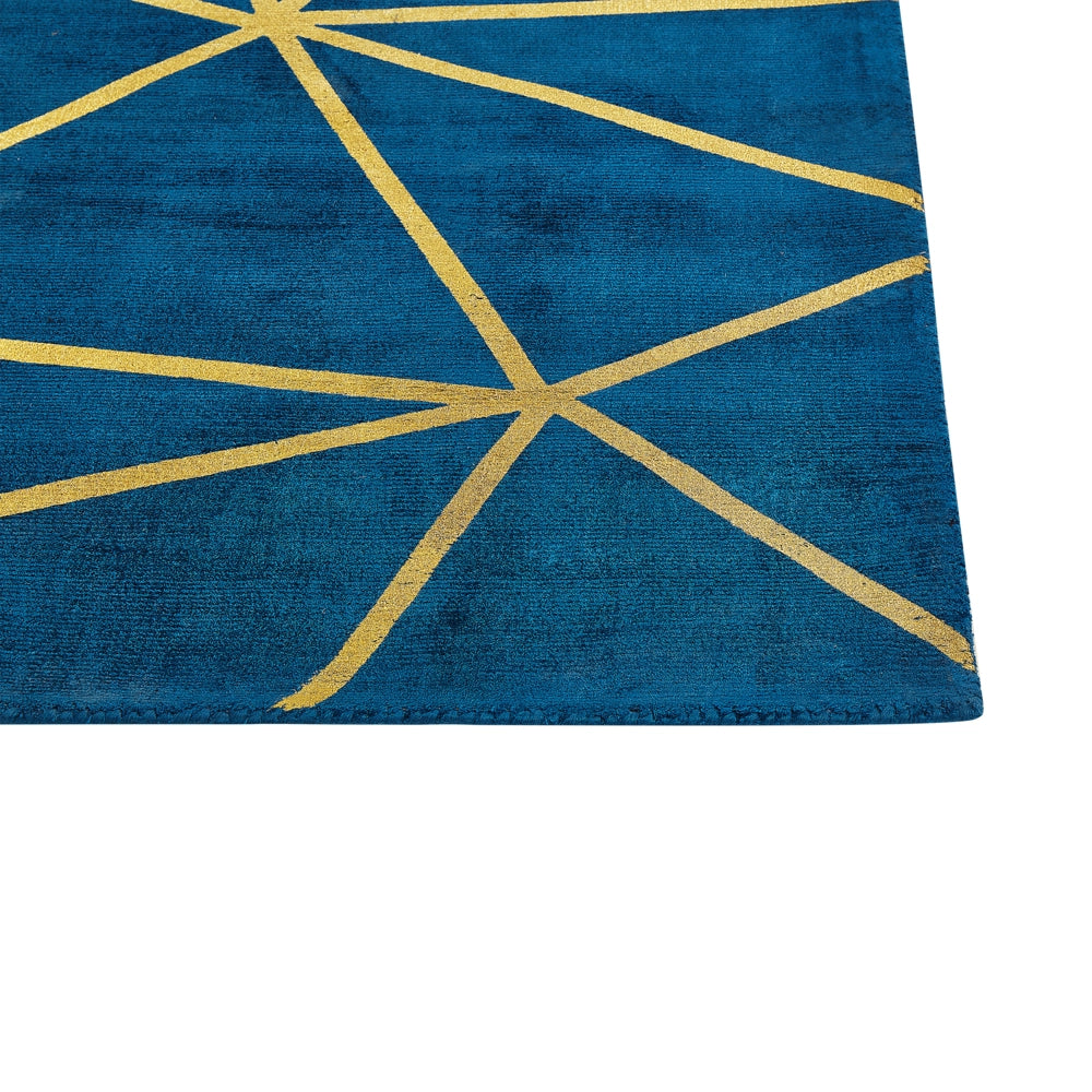 Tappeto Blu con Motivo Geometrico dorato Viscosa e Cotone 80 x 150 cm Intrecciato a Mano Stile Glam Moderno