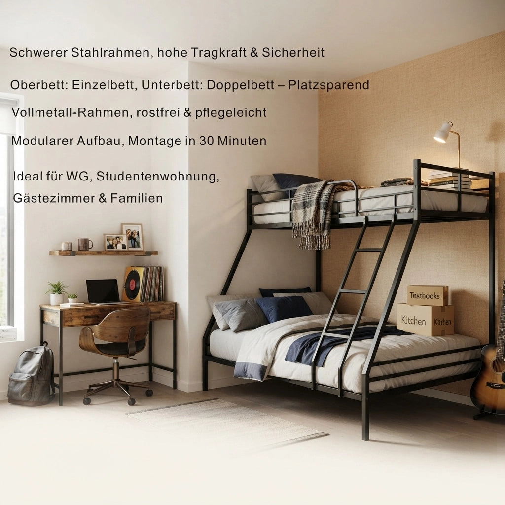 Letto a castello 194 × 84 cm et 194 × 134 cm con scala antiscivolo, barriera di sicurezza, senza materasso, metallo nero