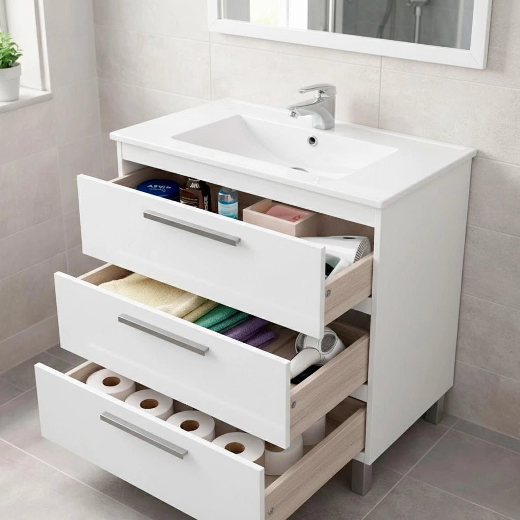 Mobile Bagno A Terra Con 3 Cassetti Lavabo In Ceramica E Specchio 77 X 50 Cm Inclusi Design Moderno Salvaspazio Elegante E Funzionale 80 X 45 X 86 Cm Colore Bianco