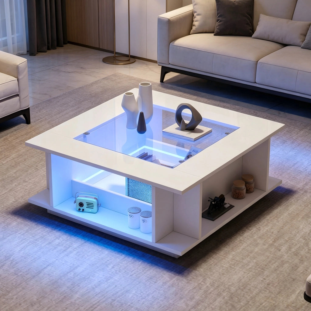 Tavolino da caffè quadrato con vani e LED - per soggiorno - in truciolare e vetro - 70×70×30 cm - bianco