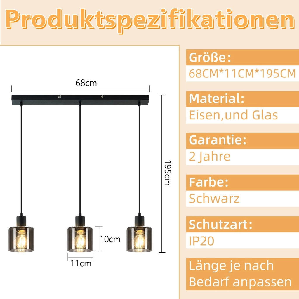 Lampada a Sospensione ZMH 3 luci vetro nero E27 vintage industriale retr¨° per soggiorno e sala da pranzo