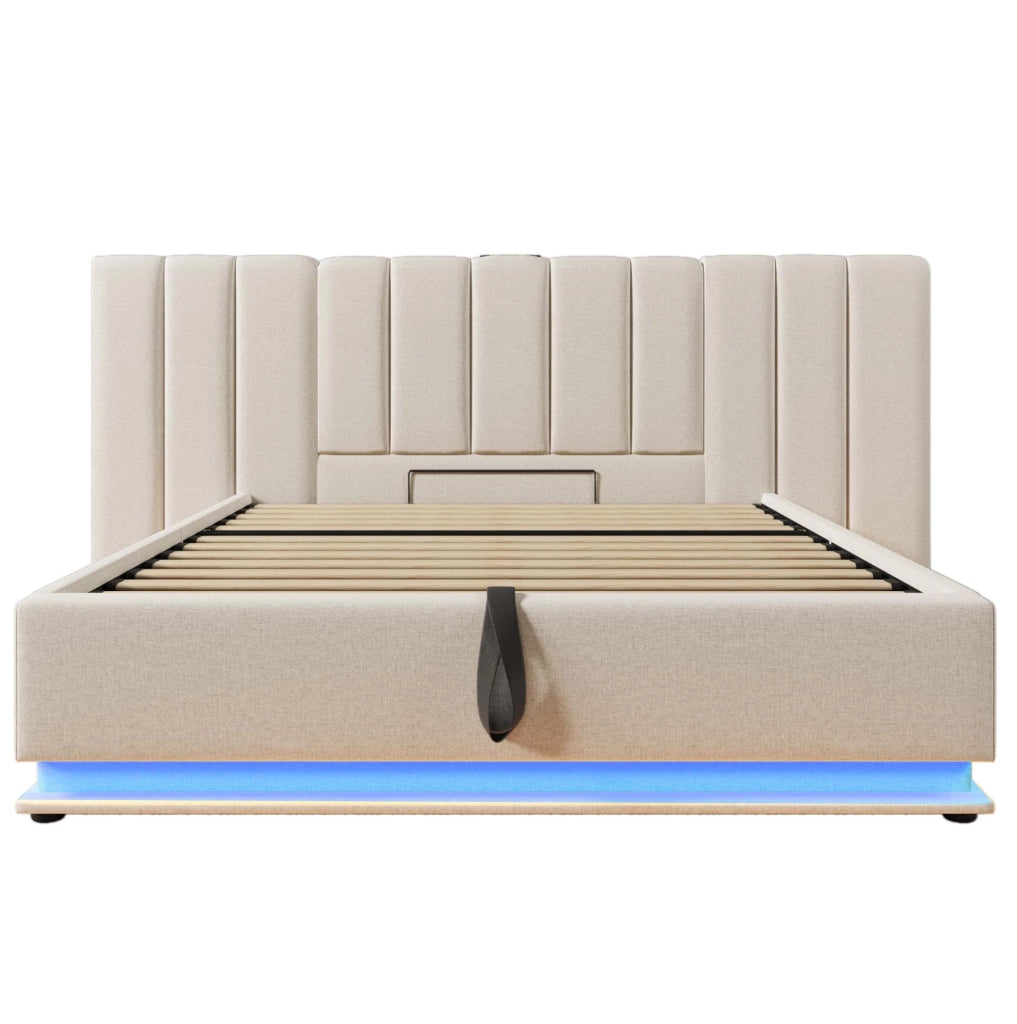 Letto imbottito contenitore 160x200 cm con LED; USB e Type-C; lino beige