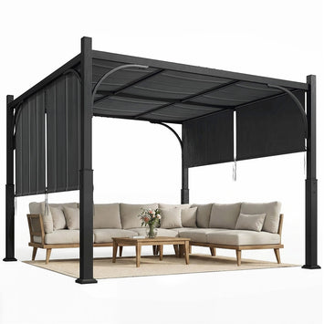 Pergola da giardino 3 x 3 m con telo scorrevole regolabile, struttura in metallo e acciaio resistente per esterni, grigio scuro