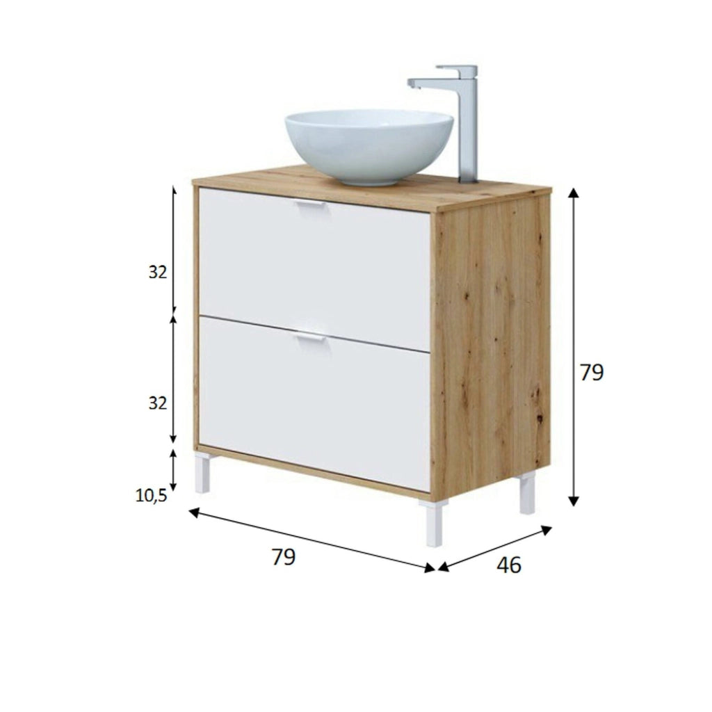 Mobile sottolavabo Bellegra, Mobiletto da bagno, Contenitore porta lavabo, Armadio per lavandino, 79x46 h79 cm, Rovere Nodi e Bianco lucido