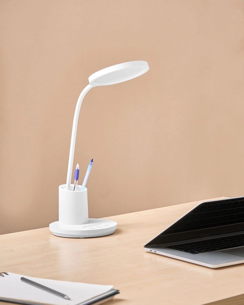Lampada da scrivania per ufficio bianca illuminazione da tavolo per lettura e computer braccio regolabile dimmer continuo a scorrimento
