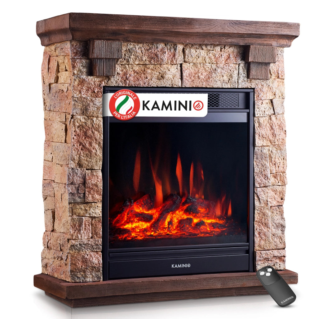 KAMINIO Camino elettrico JUAN - Camino elettrico da appoggio effetto pietra con riscaldamento, effetto fiamma 3D, telecomando - Beige